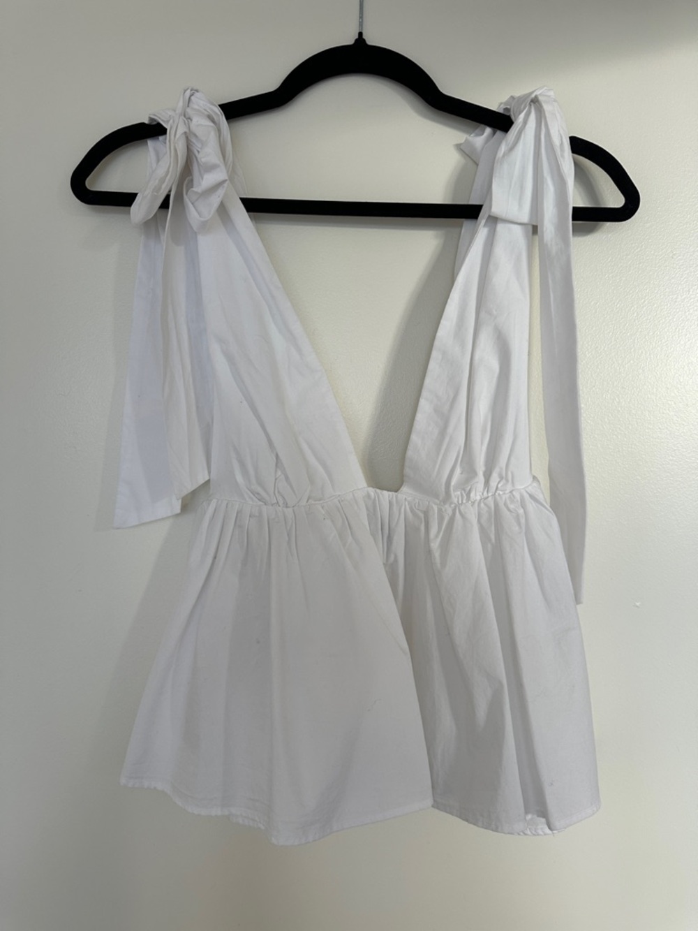 White Tie-Shoulder V-Neck Peplum Top